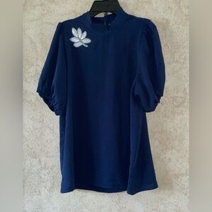 Alex & Parker  Blue Puff Sleeve Top with Floral Detail